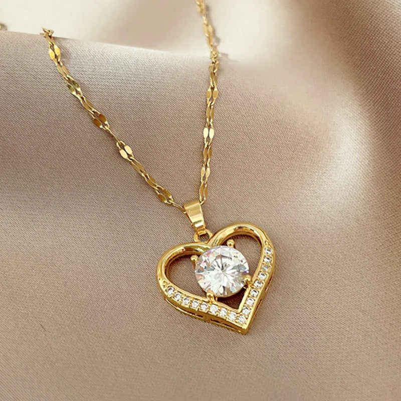 Golden Heart & Lips Pendant Necklace - Stainless Steel Fashion Jewelry for Women