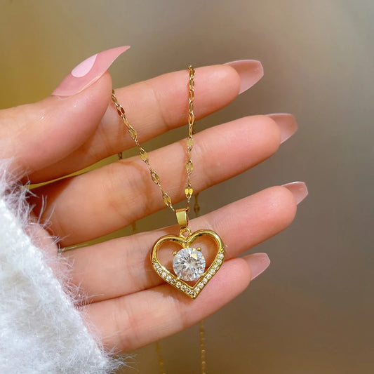 Golden Heart & Lips Pendant Necklace - Stainless Steel Fashion Jewelry for Women