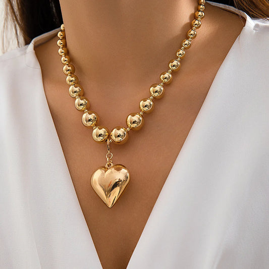 Trendy CCB Ball Beaded Heart Pendant Choker Necklace - 2025 Fashion Jewelry for Women