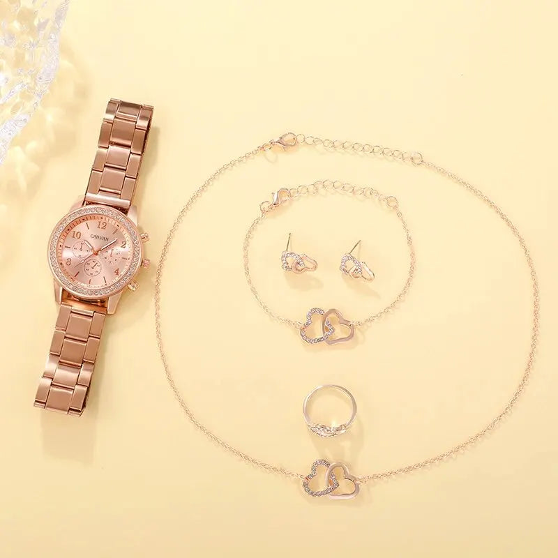 Conjunto de 6 piezas de joyería y reloj en oro rosa: accesorios de lujo para mujer