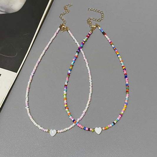Nature-Inspired Shell & Heart Choker Necklace - Colorful Glass Beads Spring/Summer Jewelry Gift