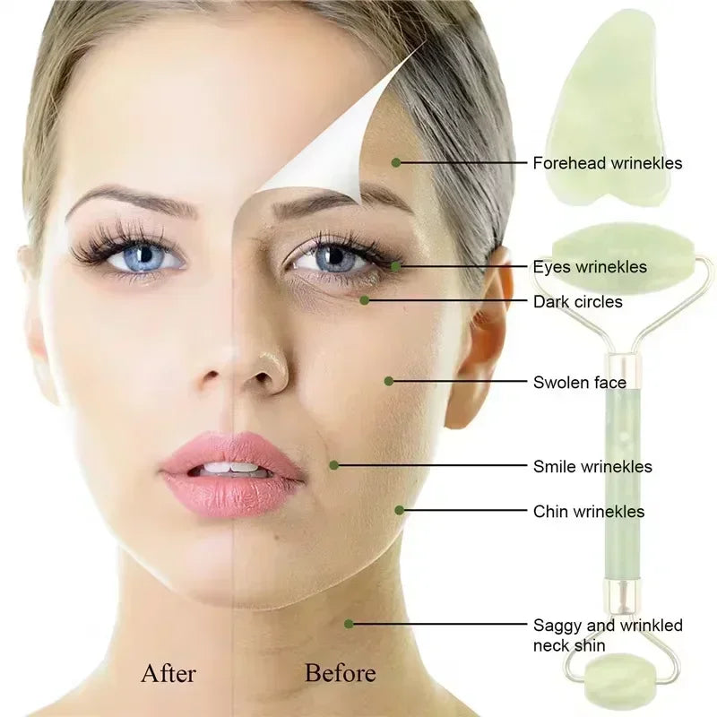 Ensemble de 2 rouleaux à double tête pour le visage et Gua Sha - Outils de massage en forme de cœur
