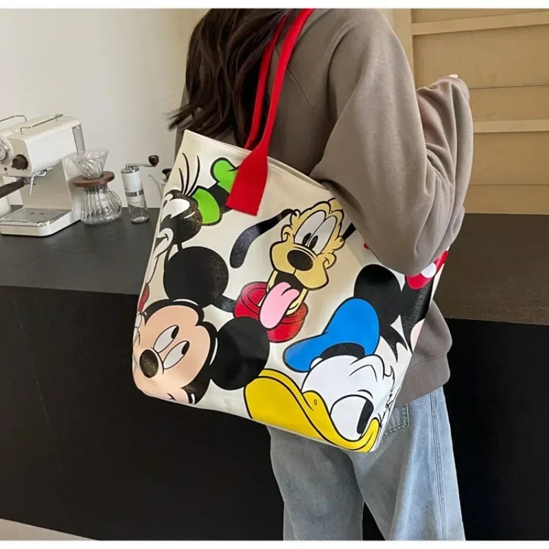 Cartoon Mickey Mouse Canvas Tote Bag – Large Capacity Shoulder Bag for Women & Students