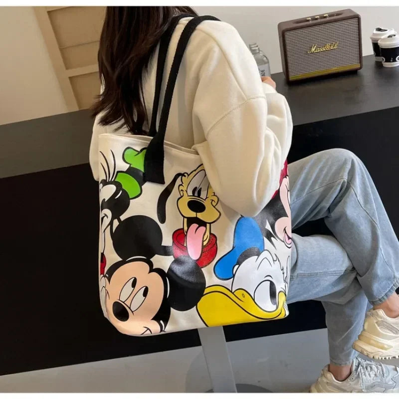 Cartoon Mickey Mouse Canvas Tote Bag – Large Capacity Shoulder Bag for Women & Students