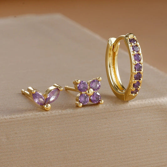 3-Piece Gold Circle Hoop Earrings Set with Zircon Flower Studs
