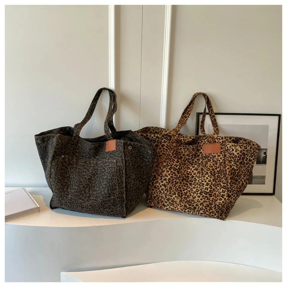 Leopard Print Canvas Tote Bag – Large Capacity Retro Shoulder Bag for School, Work & Shopping