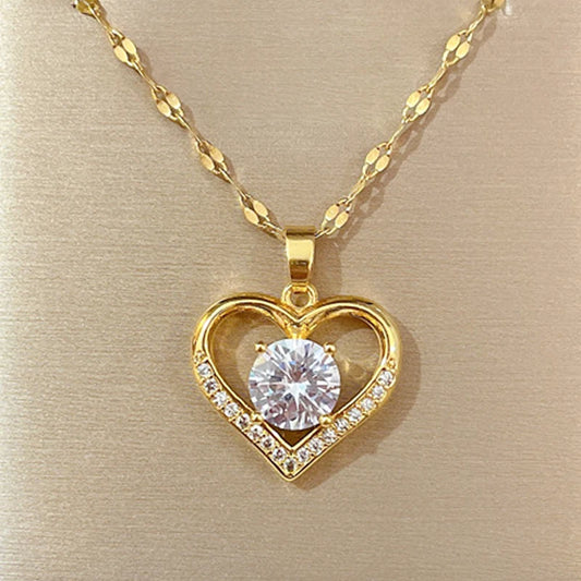 Golden Heart & Lips Pendant Necklace - Stainless Steel Fashion Jewelry for Women