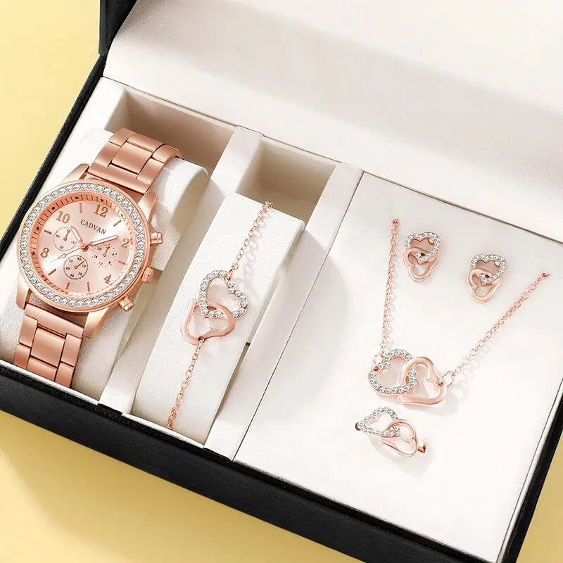 Conjunto de 6 piezas de joyería y reloj en oro rosa: accesorios de lujo para mujer