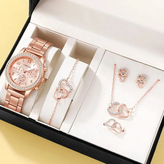 6-Piece Rose Gold Jewelry & Watch Set – Luxury Women’s Accessories