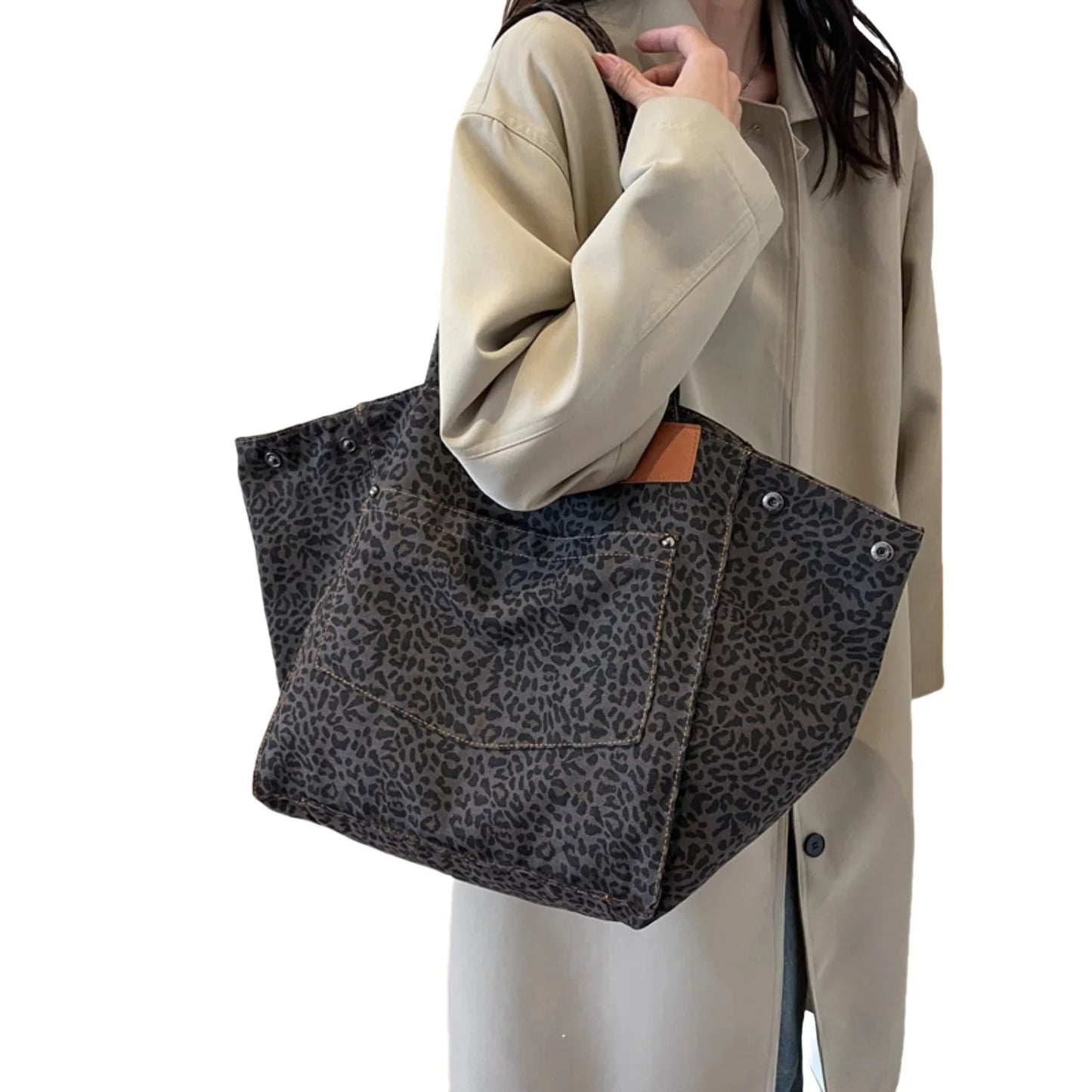 Leopard Print Canvas Tote Bag – Large Capacity Retro Shoulder Bag for School, Work & Shopping