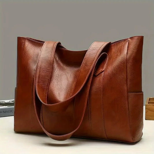 Vintage Large Capacity Tote Bag – Retro Vegan Leather Shoulder Bag for Women's Commute