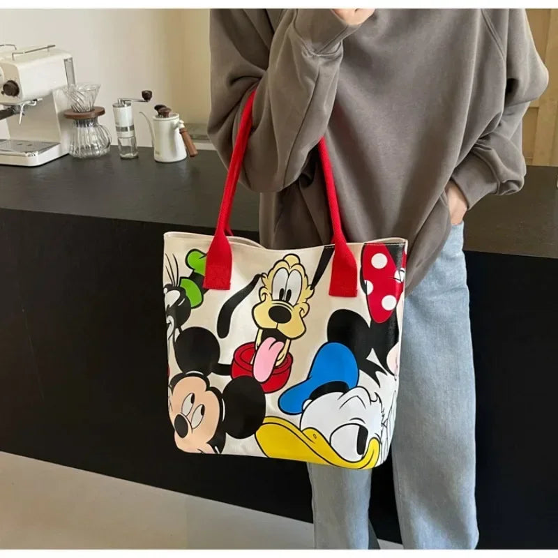 Cartoon Mickey Mouse Canvas Tote Bag – Large Capacity Shoulder Bag for Women & Students